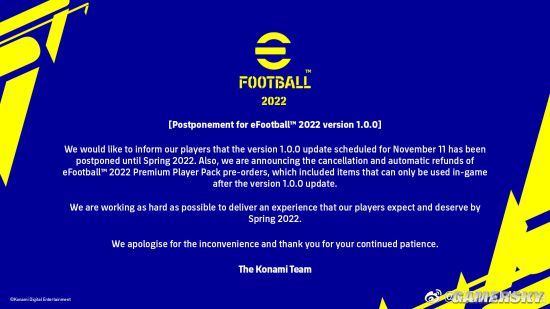 【单机】科乐美官宣《eFootball 2022》1.0版本更新推迟至明年 将为预购玩家自动退款
